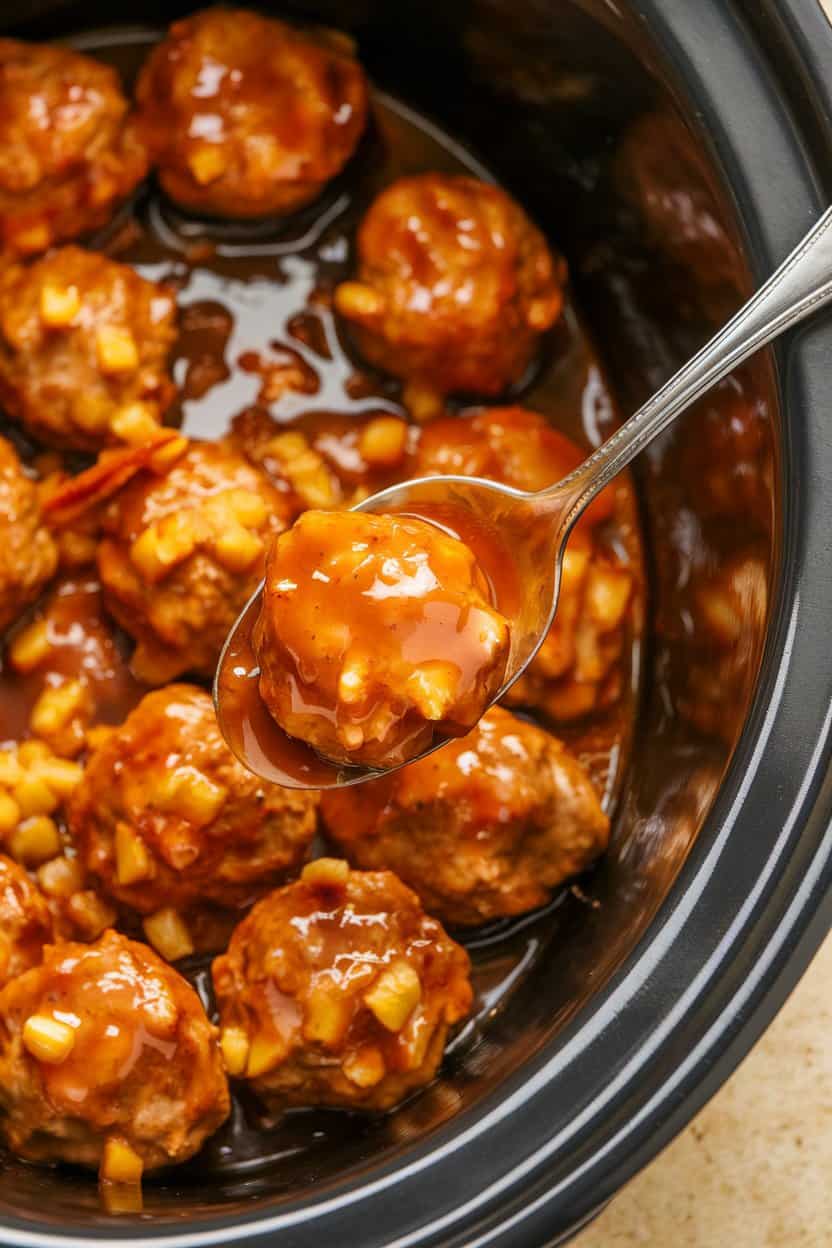 Indoor slow-cooker insert filled with glazed meatballs coated in sticky pineapple-coconut sauce, serving spoon visible. No text or logos; photograph only.