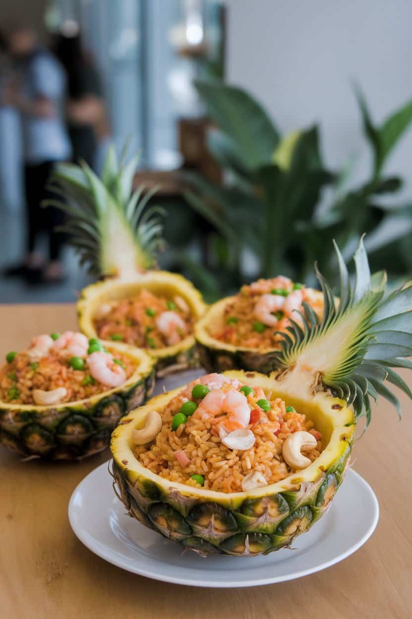Indoor dining table with hollowed pineapple halves functioning as bowls for colorful fried rice dotted with peas, shrimp, and cashews. No text or brand marks; photo only.