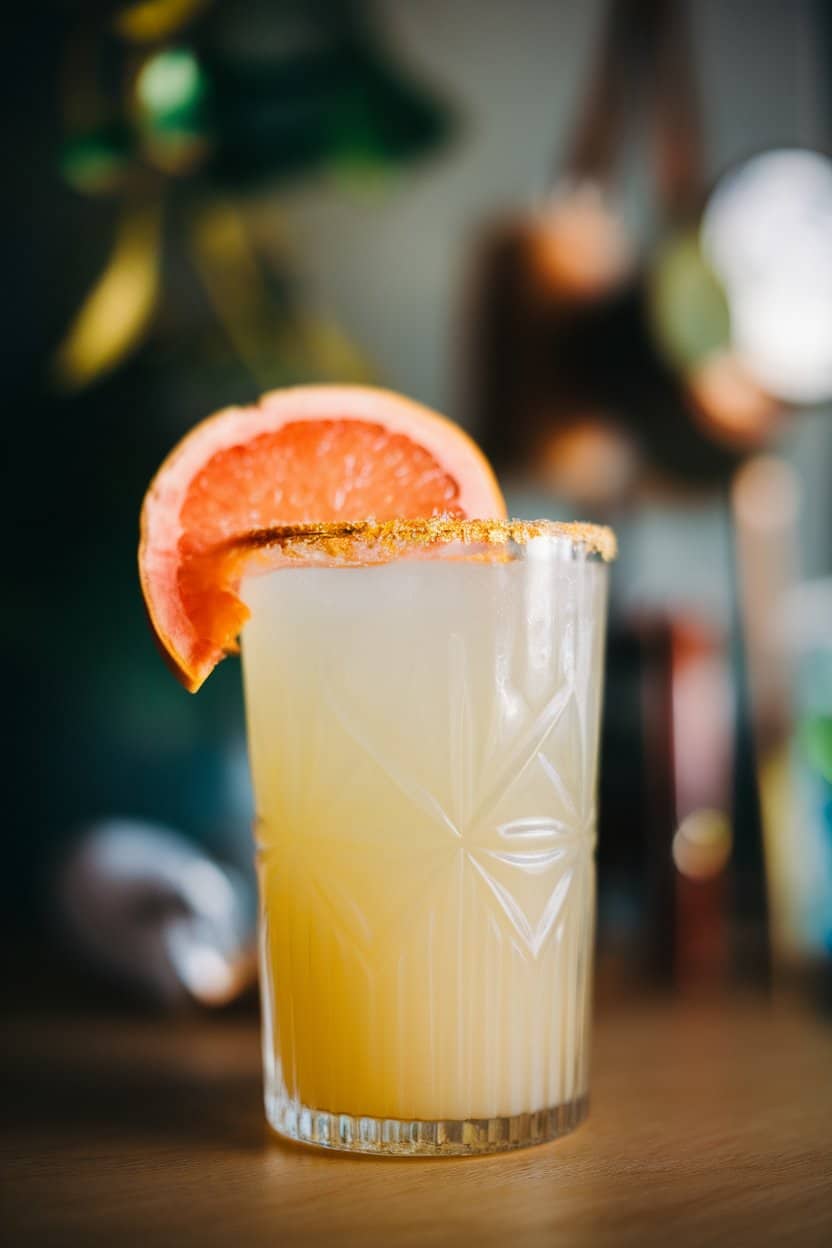 Indoor close-up of a tall glass filled with pale yellow pineapple paloma, grapefruit slice on rim, no text or logos.