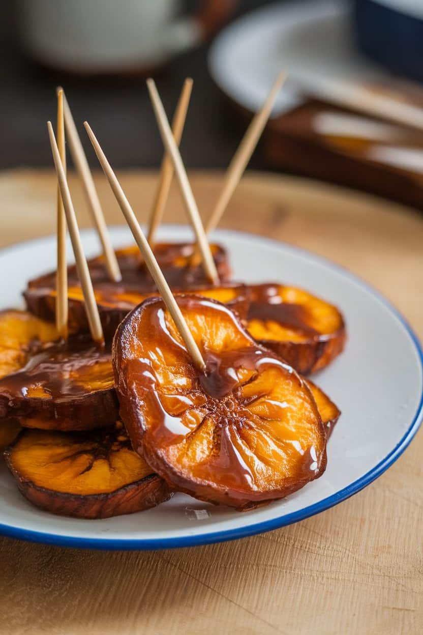 Indoor plate with caramelized plantain slices brushed in glossy rum glaze, toothpicks inserted for serving. No logos or text; photo only.