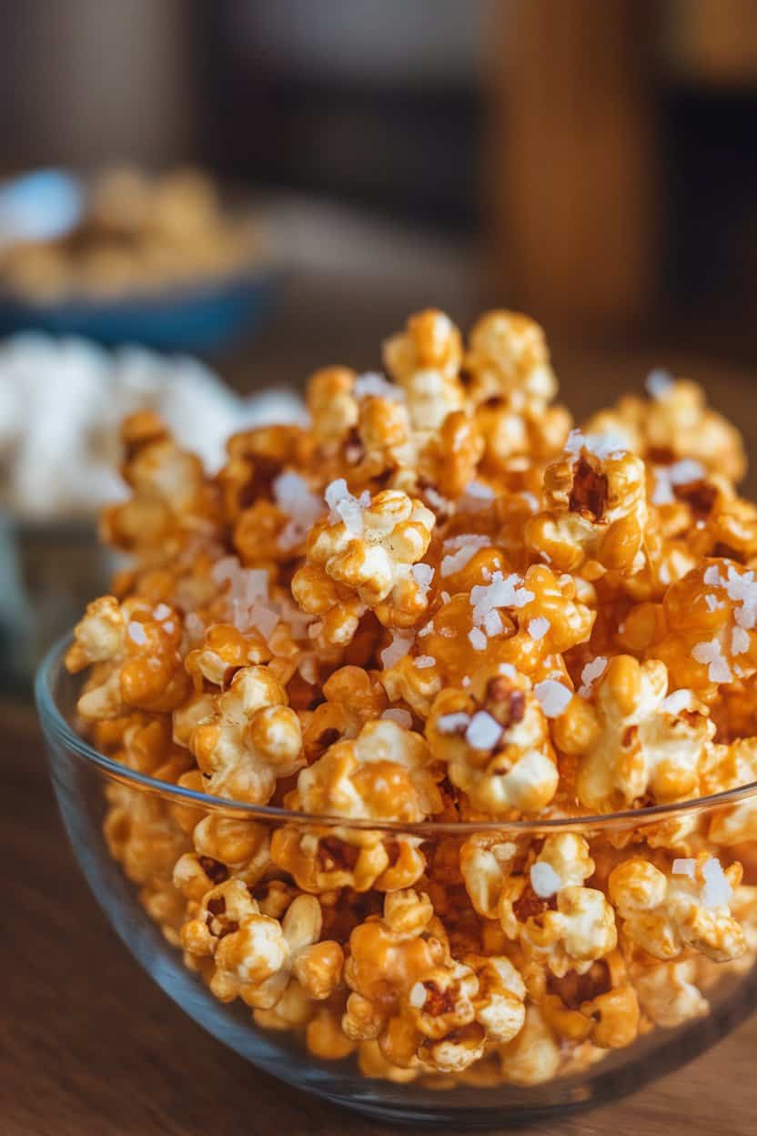 Indoor snack bowl overflowing with glossy caramel popcorn flecked with toasted coconut and sea salt crystals. No text or logos; photograph only.