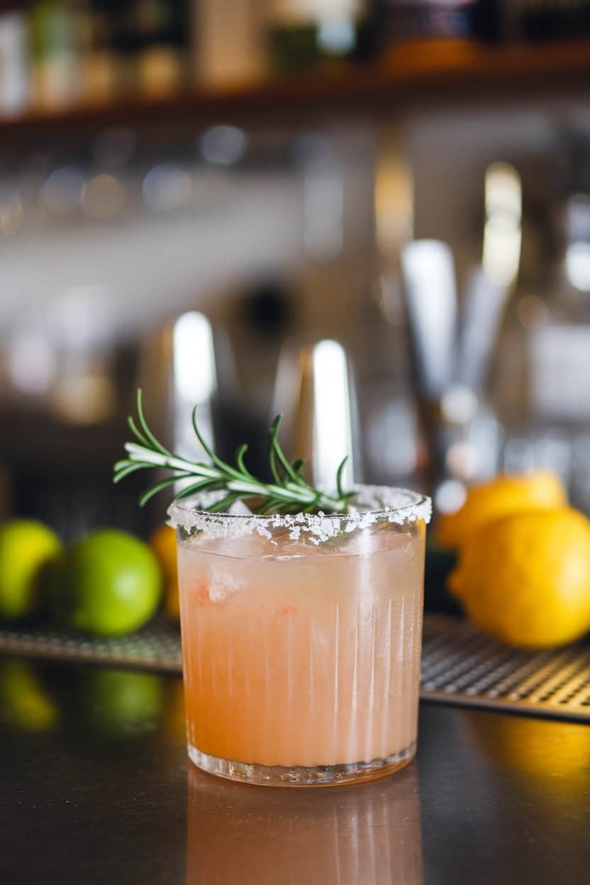 Indoor bar counter with a rocks glass of pale grapefruit cocktail, coarse salt rim and rosemary sprig, no text or brands.