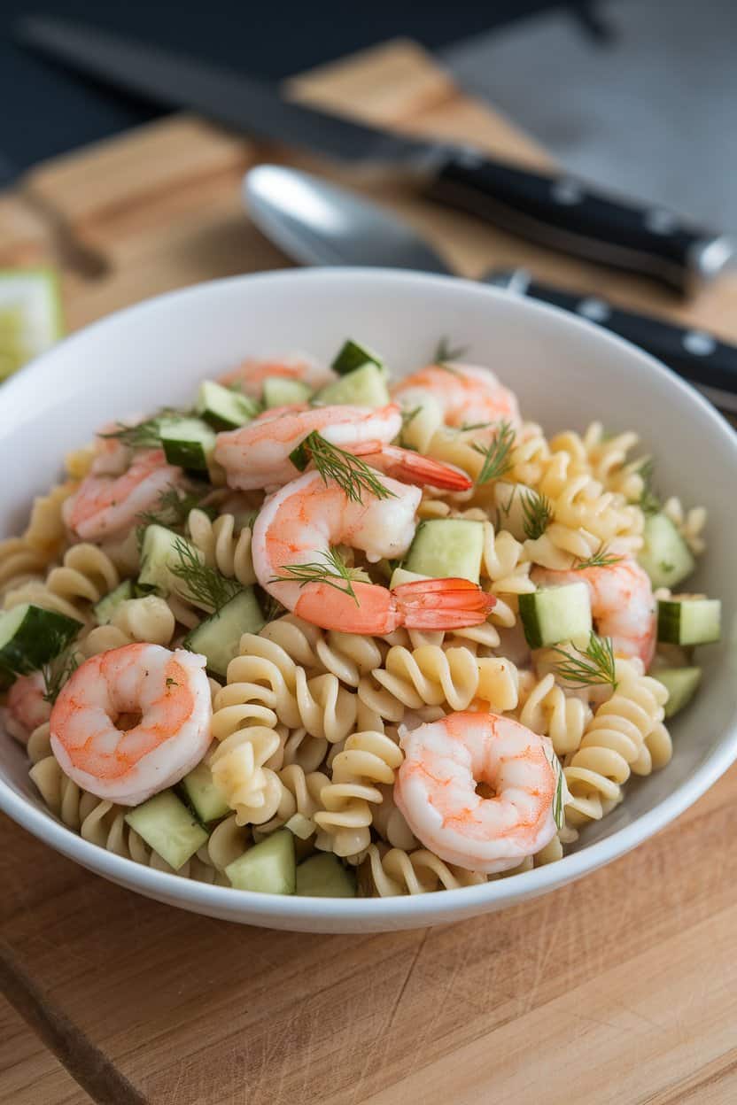 Indoor serving bowl of corkscrew pasta tossed with shrimp, diced cucumber, and dill in a light vinaigrette. No text or logos; photo only.