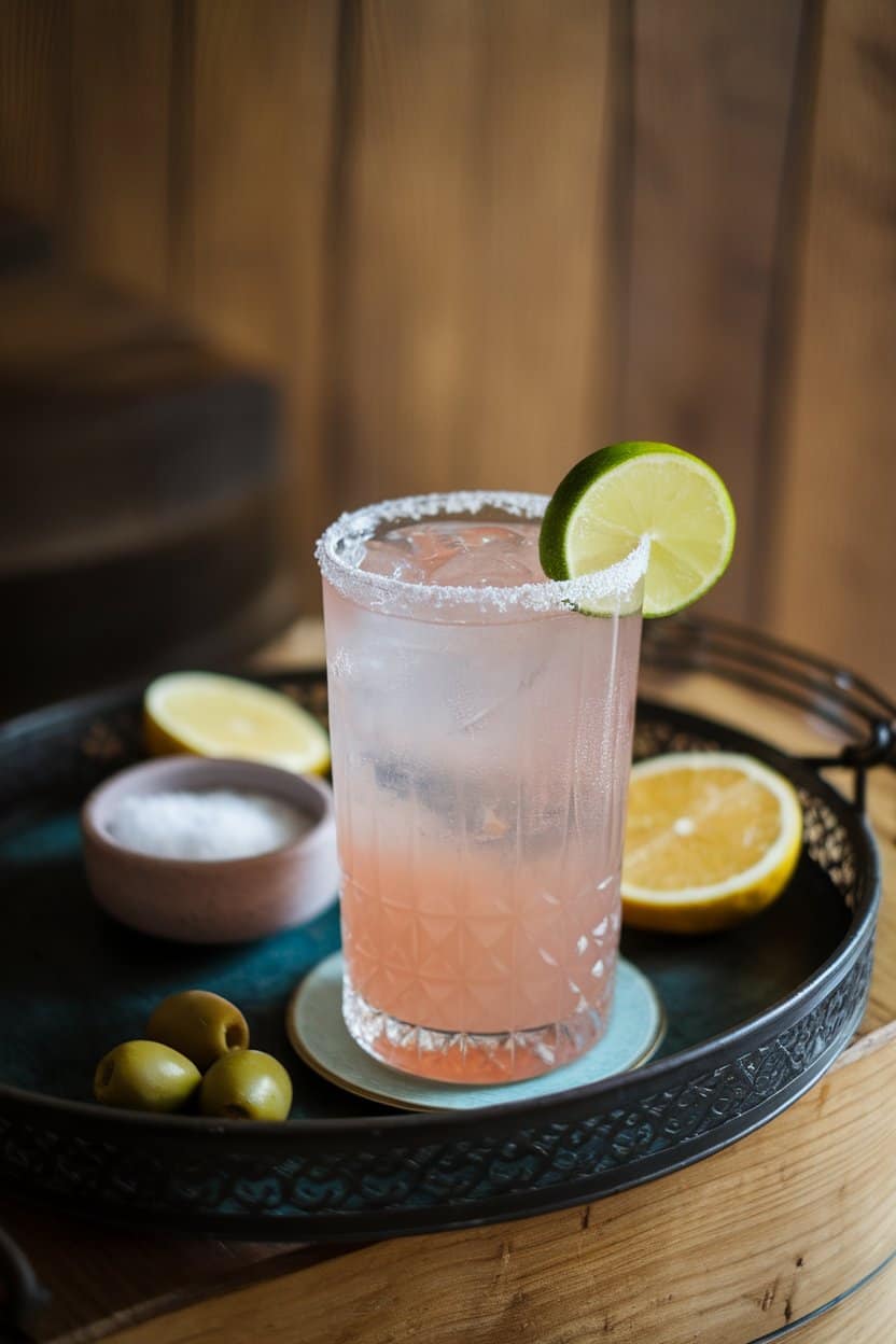 Indoor cocktail tray featuring a tall glass of blush-pink Sea Breeze with lime wedge, no visible logos.