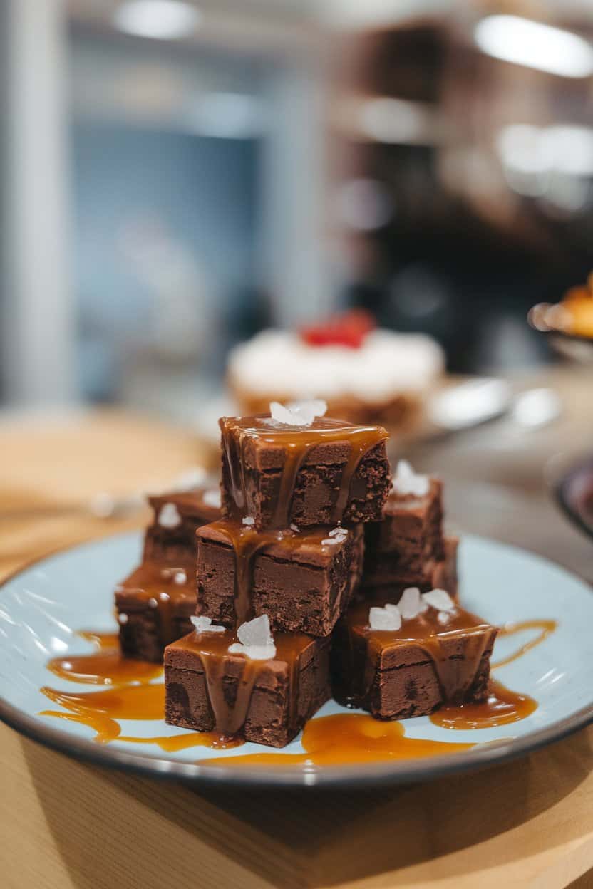 Indoor dessert plate stacked with bite-sized chocolate brownies, glossy caramel drizzle and visible sea-salt flakes on top. No text or logos; photograph only.