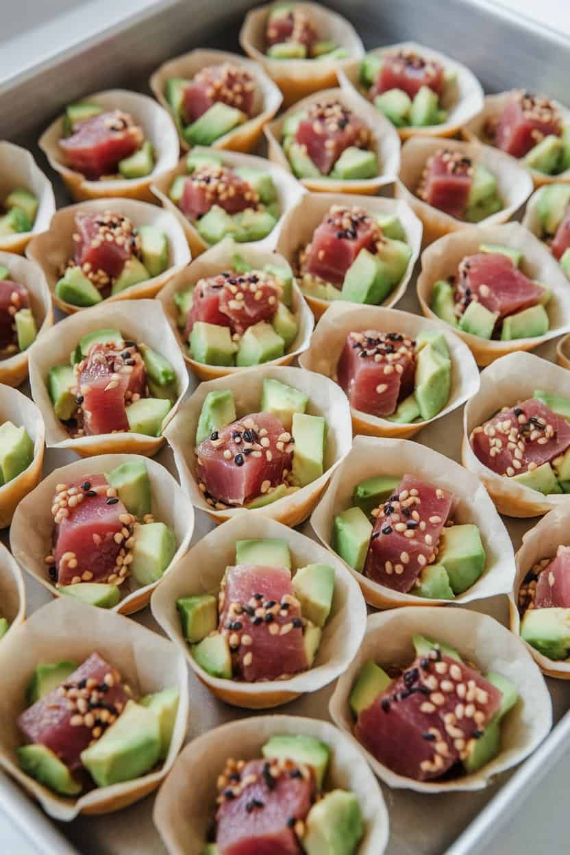 Indoor tray of small wonton cups holding diced seared tuna (lightly cooked edges), avocado, and sesame seeds. No text or logos; photograph only.
