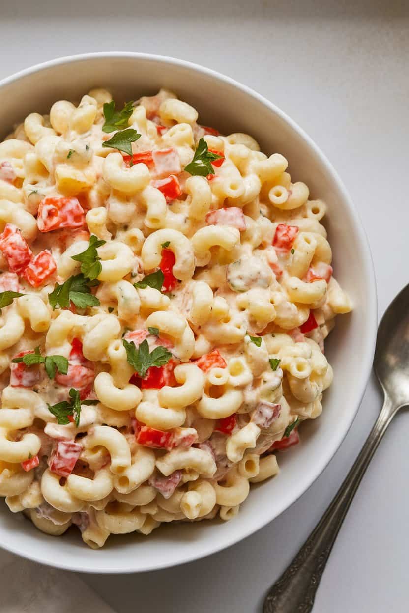 Indoor bowl of creamy macaroni salad dotted with diced bell peppers and parsley, spoon resting nearby. No text or logos; photo only.