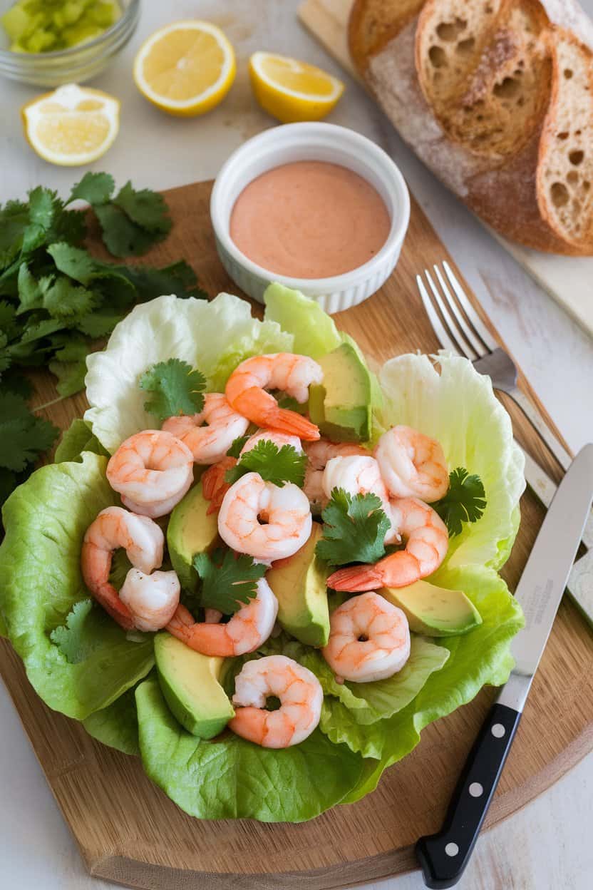 Indoor platter of butter-lettuce leaves filled with cooked chilled shrimp, avocado chunks, and cilantro. No text or branding; photo only.
