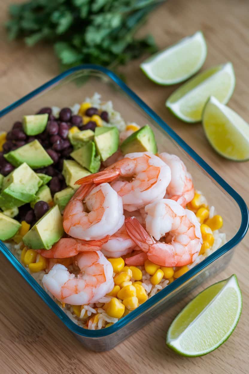 An indoor tabletop scene with a shallow container of chilled, cooked shrimp, diced avocado, black beans, and corn over rice, lime wedges on the side. No text or logos.