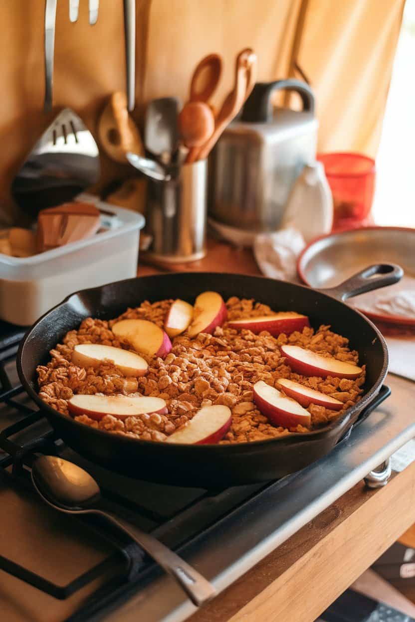 An indoor camp-kitchen counter showing a cast-iron skillet brimming with cinnamon-spiced apple slices under a golden oat crumble, a spoon ready for serving. No visible text or logos.