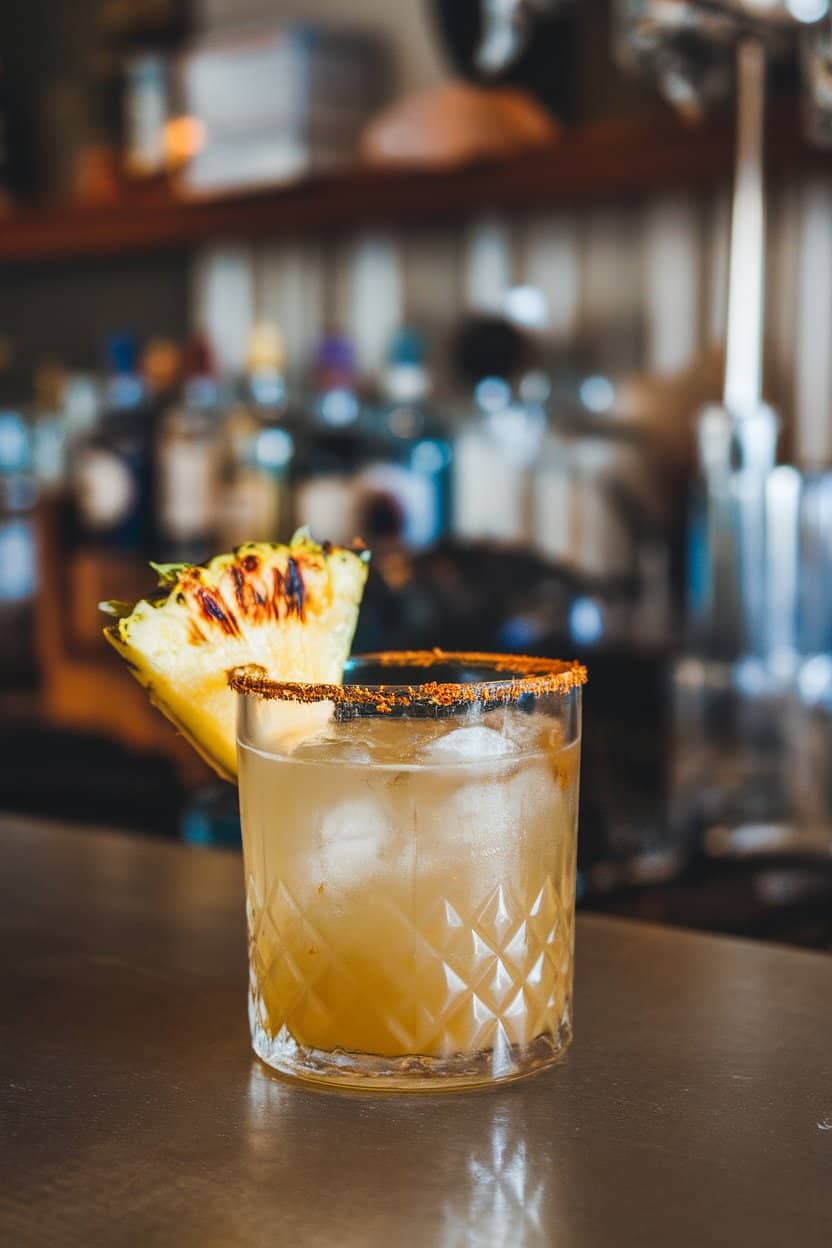 Indoor bar with a rocks glass of smoky mezcalita rimmed in Tajín, charred pineapple wedge garnish, no brands visible.