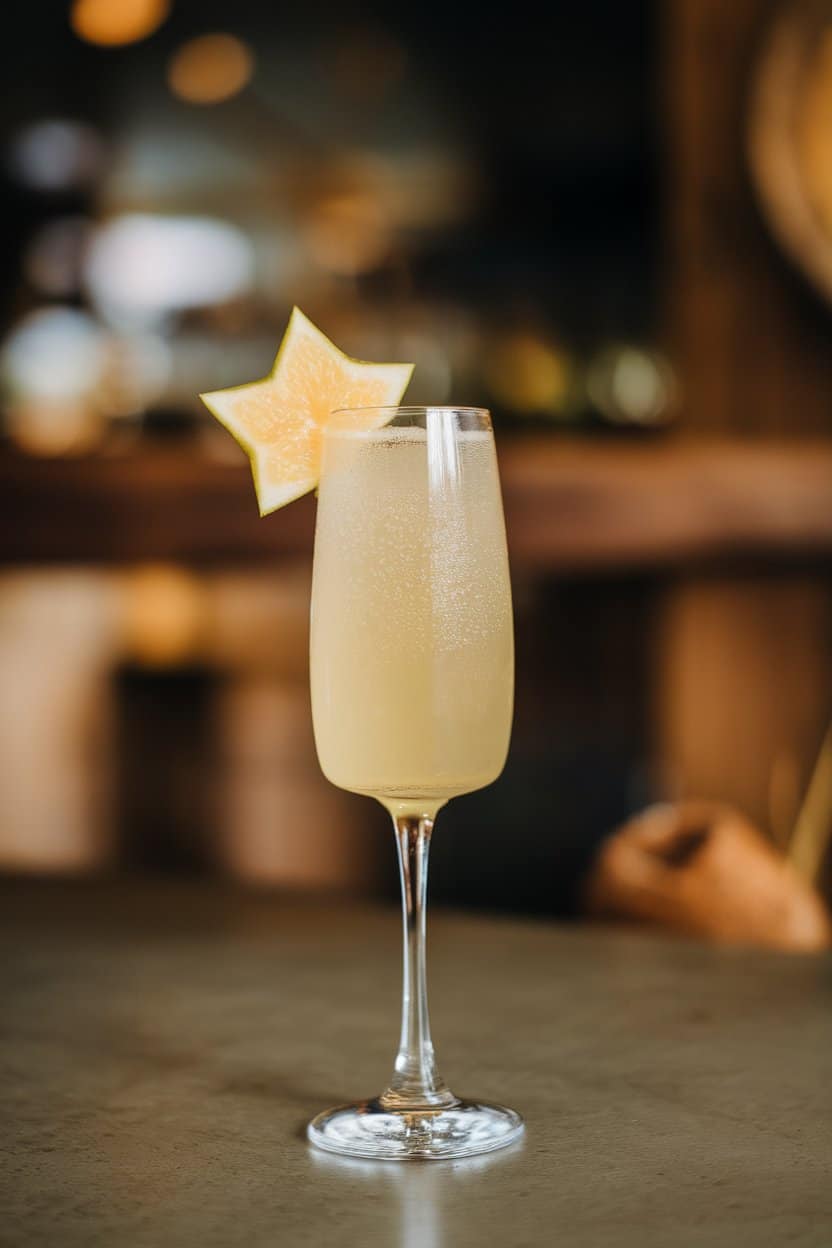 Indoor tabletop with a flute of pale yellow starfruit sparkler, starfruit slice perched on rim, no logos.
