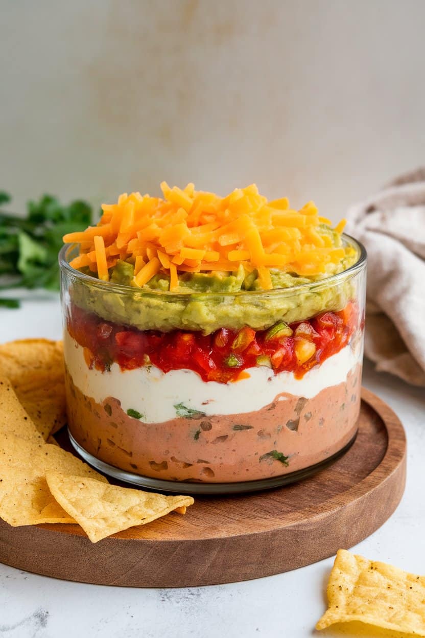 Indoor glass dish showing distinct layers of beans, guacamole, salsa, sour cream, and cheese, reminiscent of sunset hues. No text or brand labels; photo only.