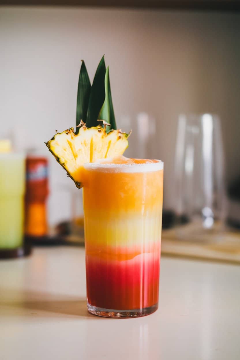 Indoor countertop with a hurricane glass showing a layered orange-to-red rum runner and pineapple leaf garnish, no text or logos.