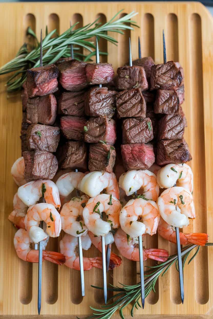 Indoor platter showing skewers alternating steak cubes and cooked shrimp, brushed with herb butter. No logos or text; photo only.