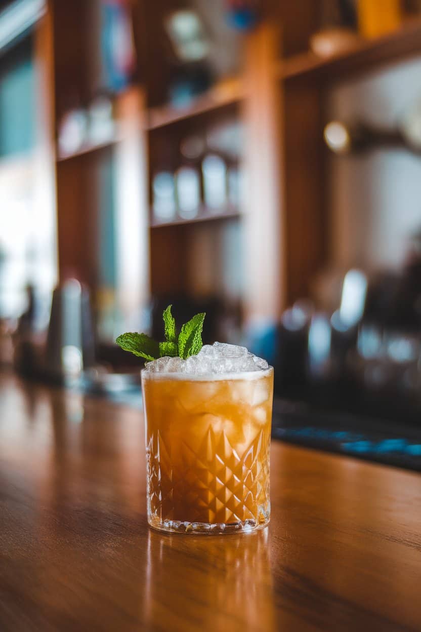 Indoor wooden bar with a short glass of amber tamarind smash, crushed ice and mint garnish, no logos.