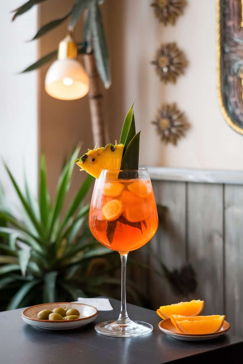 Indoor bistro setting with a stemmed glass of bright orange Aperol spritz accented by pineapple leaf, no logos.