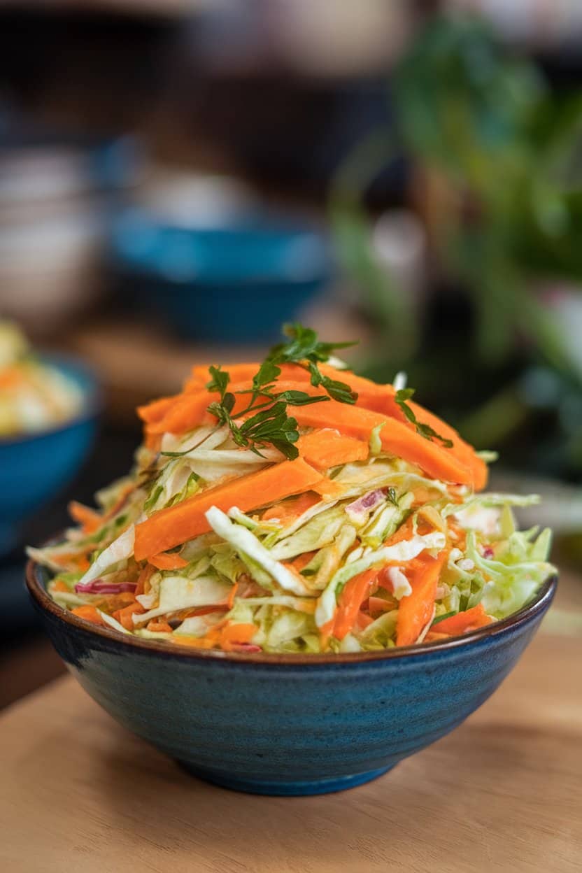  Indoor bowl of colorful coleslaw featuring shredded cabbage, orange papaya strips, and green herbs. No text or logos; photograph only.