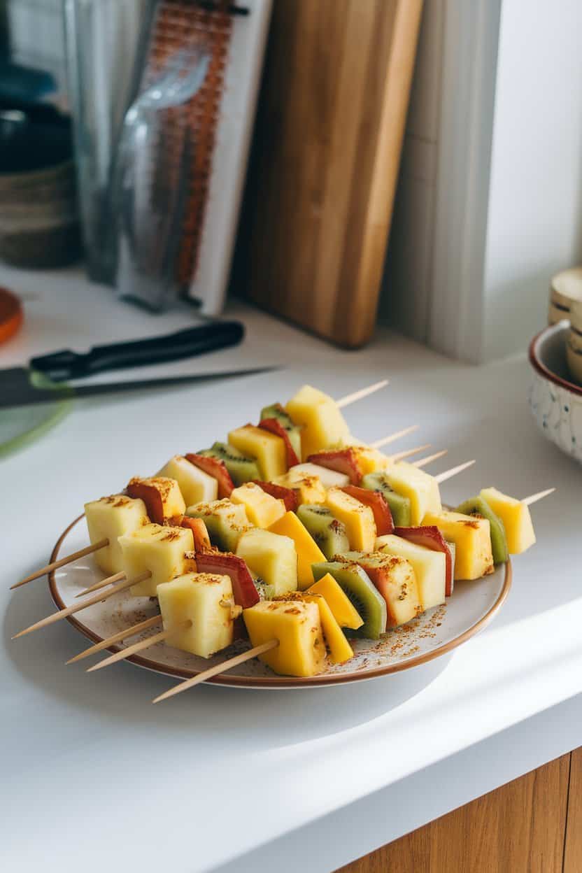 A plate on a brightly lit indoor countertop. On the plate, neatly arranged are wooden skewers threaded with pineapple, mango, and kiwi, lightly dusted with chili-lime seasoning. No text or logos; photo only.