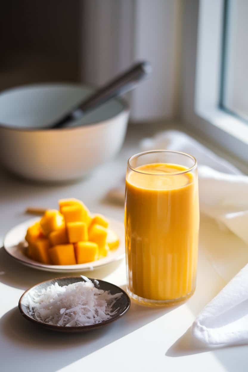 Indoor countertop scene featuring a tall glass of bright orange mango smoothie beside mango cubes and shredded coconut on a small plate. Soft window light; no logos or text visible. Photo only
