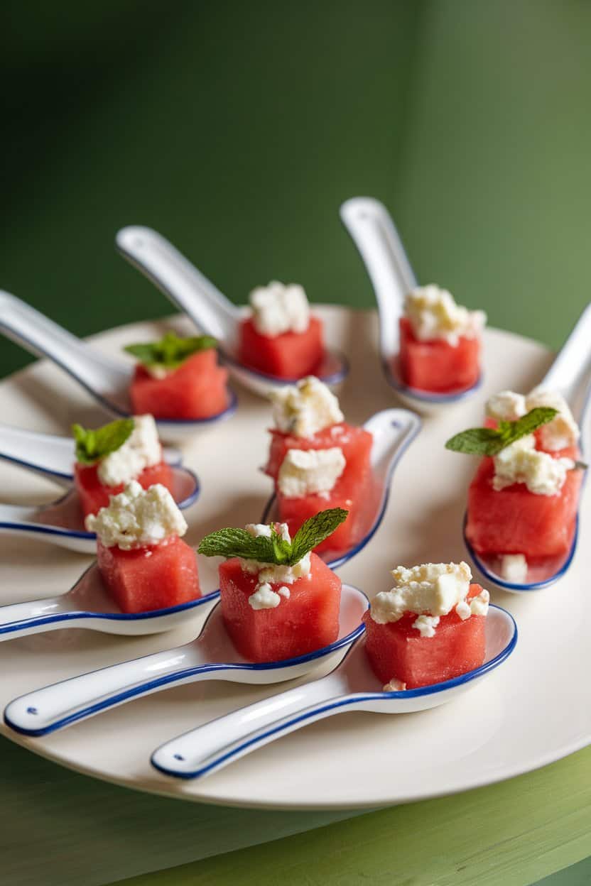  Indoor appetizer spread showing porcelain tasting spoons each holding a cube of watermelon, crumbly feta, and a mint leaf. No text or logos; pure photo.