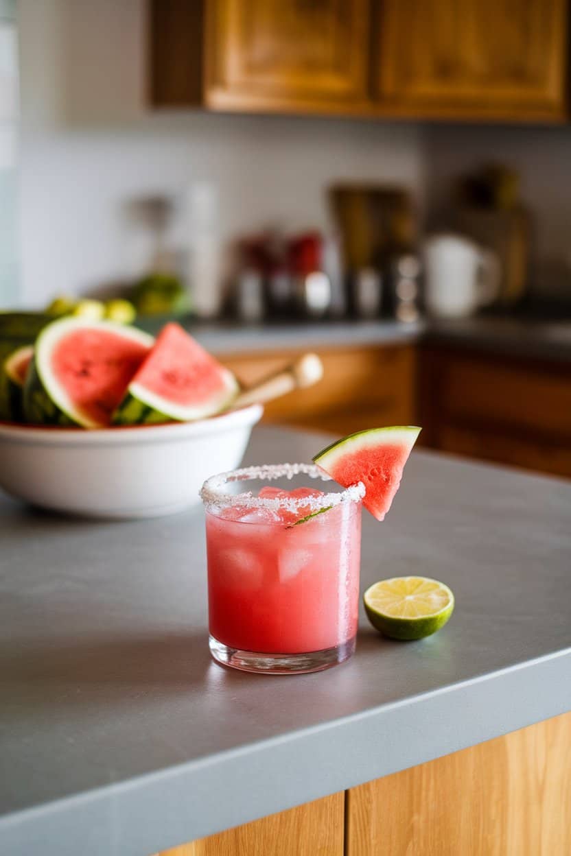 Indoor kitchen island with a rocks glass of pink watermelon margarita, salted rim and small watermelon triangle garnish. No text or logos in scene.