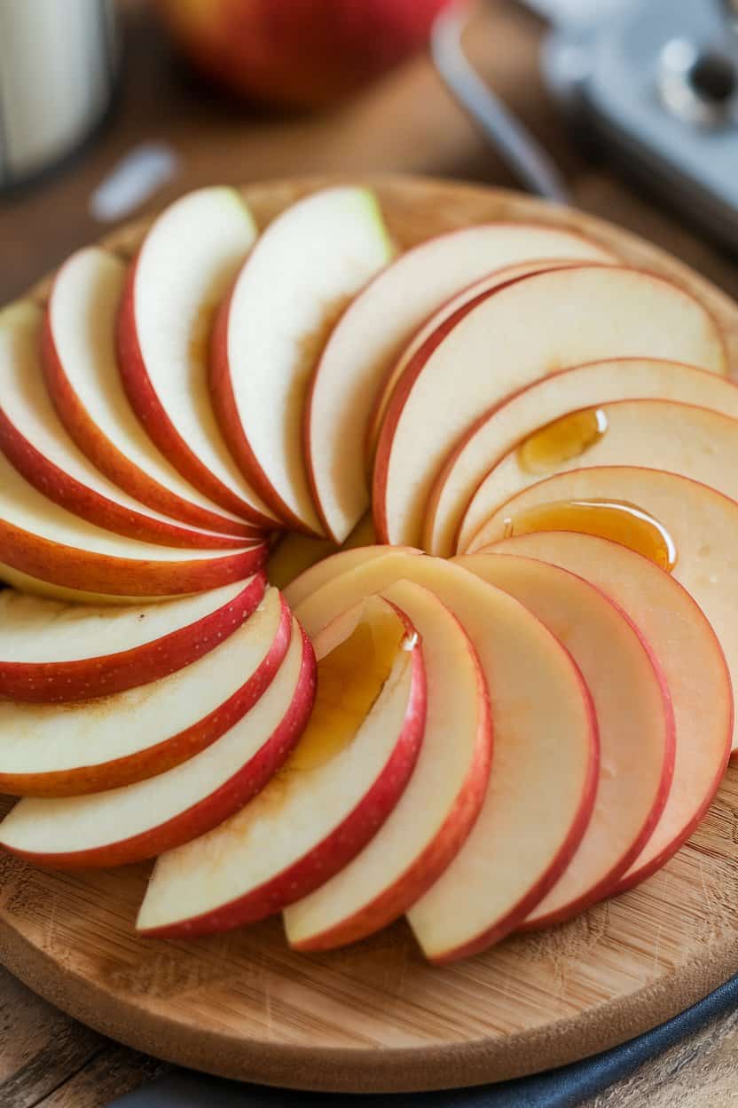 A close-up indoor shot of thin apple wedges fanned around pale orange Colby cheese slices, with a small drizzle of honey glistening on top. No text or brand markings.