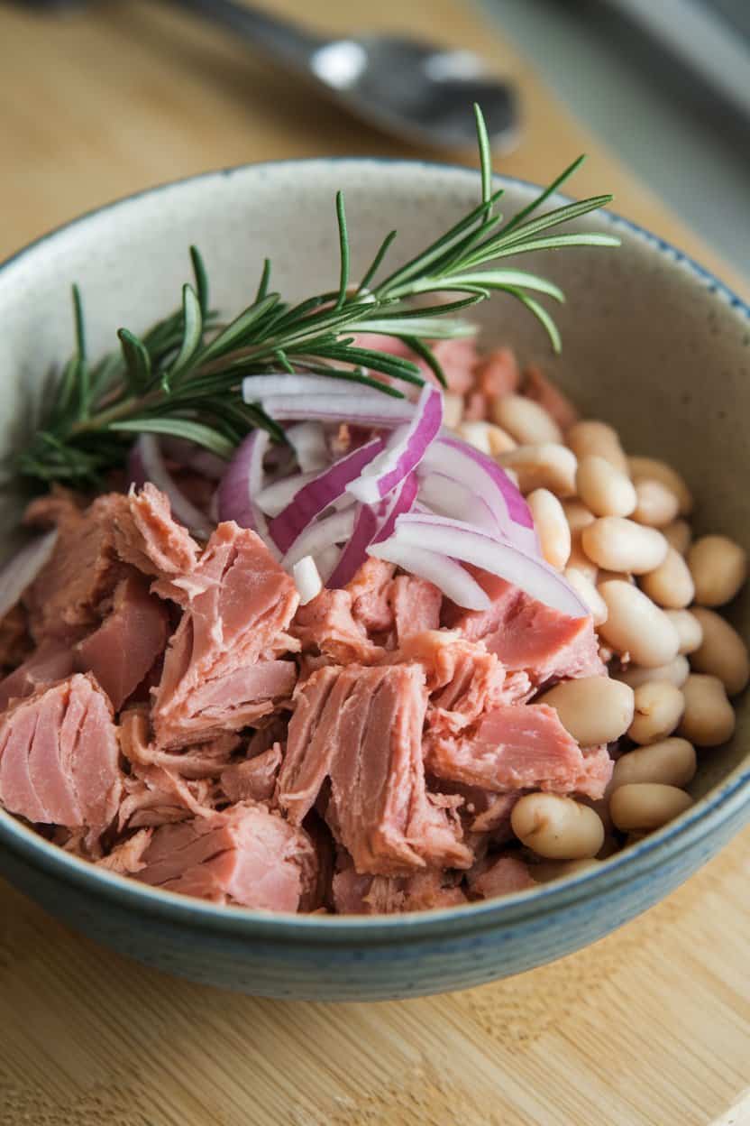 Indoor bowl of albacore tuna chunks, cannellini beans, red onion slivers, and rosemary sprigs dressed in olive oil. No text or logos