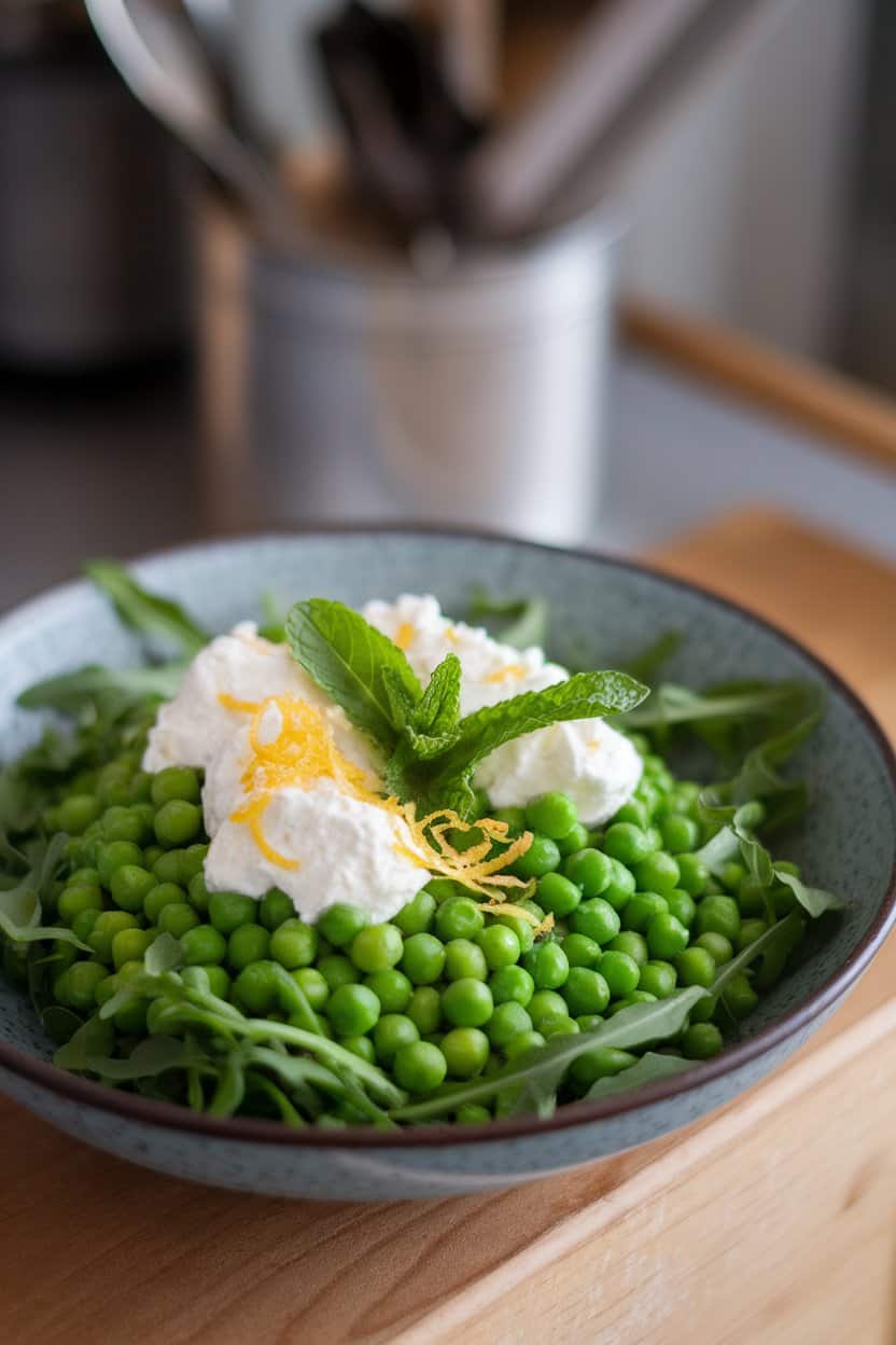 Indoor bowl of bright green peas, dollops of ricotta, mint leaves, and lemon zest over arugula. No text or logos