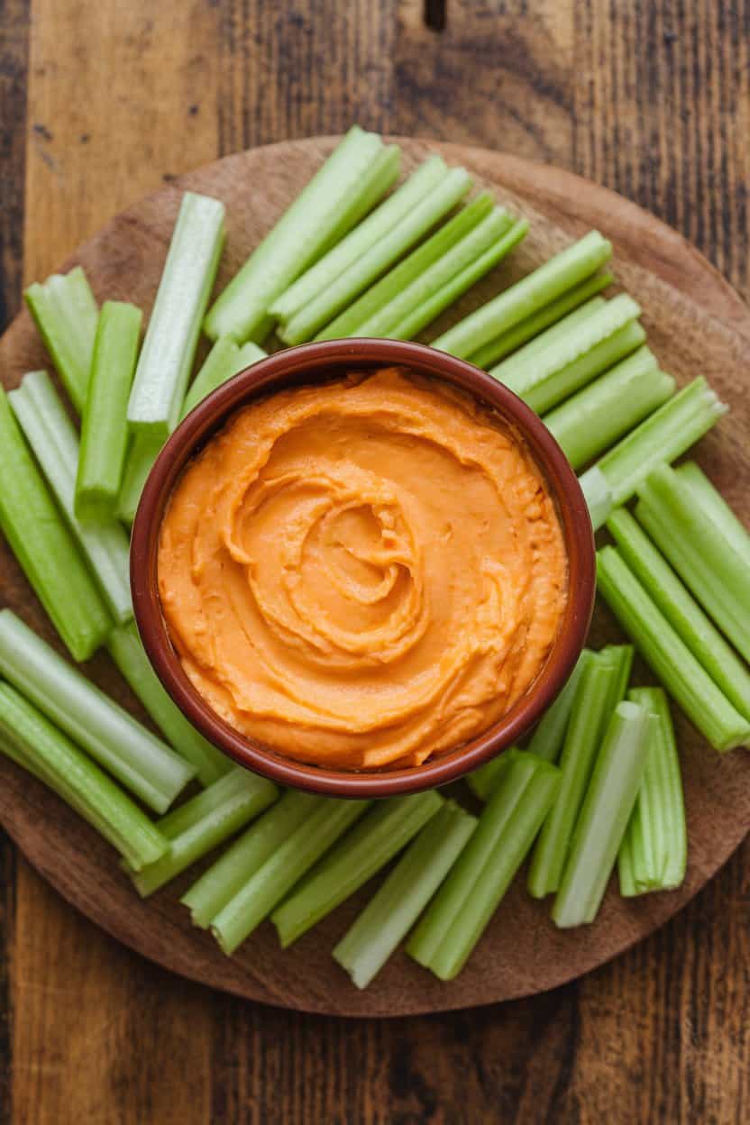  An indoor countertop showing a bowl of bright pimento cheese surrounded by crisp celery sticks. No text or logos anywhere.