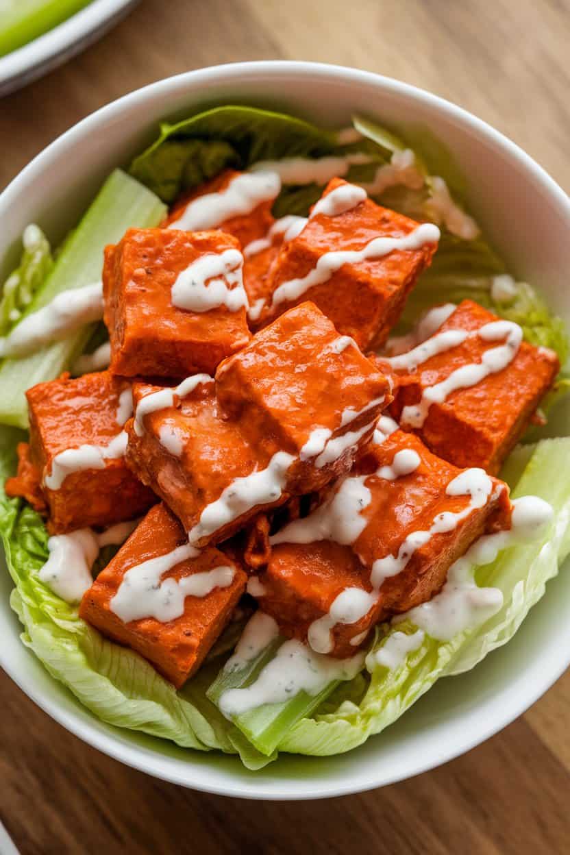 Indoor scene of crispy baked tofu cubes coated in buffalo sauce atop romaine with celery slices and a drizzle of ranch. No logos.