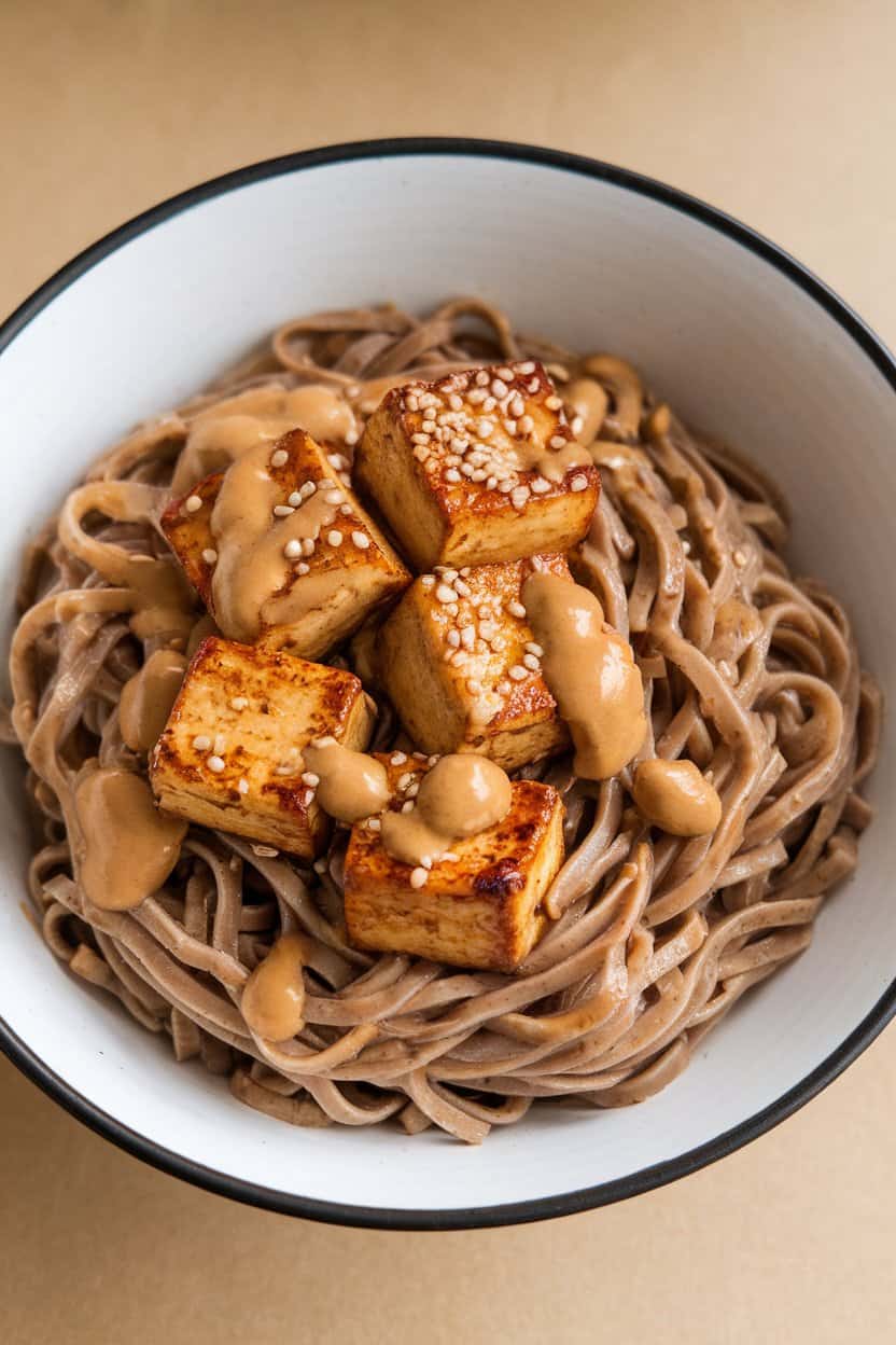 Indoor bowl of soba noodles topped with pan-seared tofu cubes and drizzled peanut sauce, garnished with sesame seeds. No logos