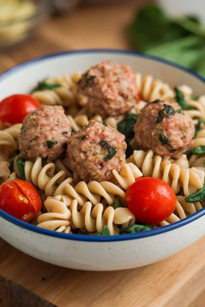 Indoor shot of bite-size turkey meatballs mixed into whole-wheat pasta spirals with cherry tomatoes and spinach. No logos.