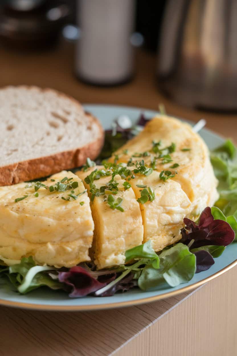 Indoor breakfast plate with fluffy sliced egg-white omelet pieces on a bed of mixed greens, sprinkled with chopped herbs. No text or logos