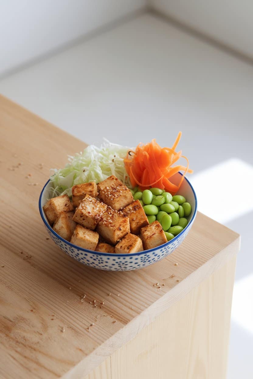 A bright indoor scene with a bowl of cubed pan-seared tofu, shelled edamame, shredded cabbage, and carrot ribbons, sprinkled with sesame seeds. Photo only; no logos