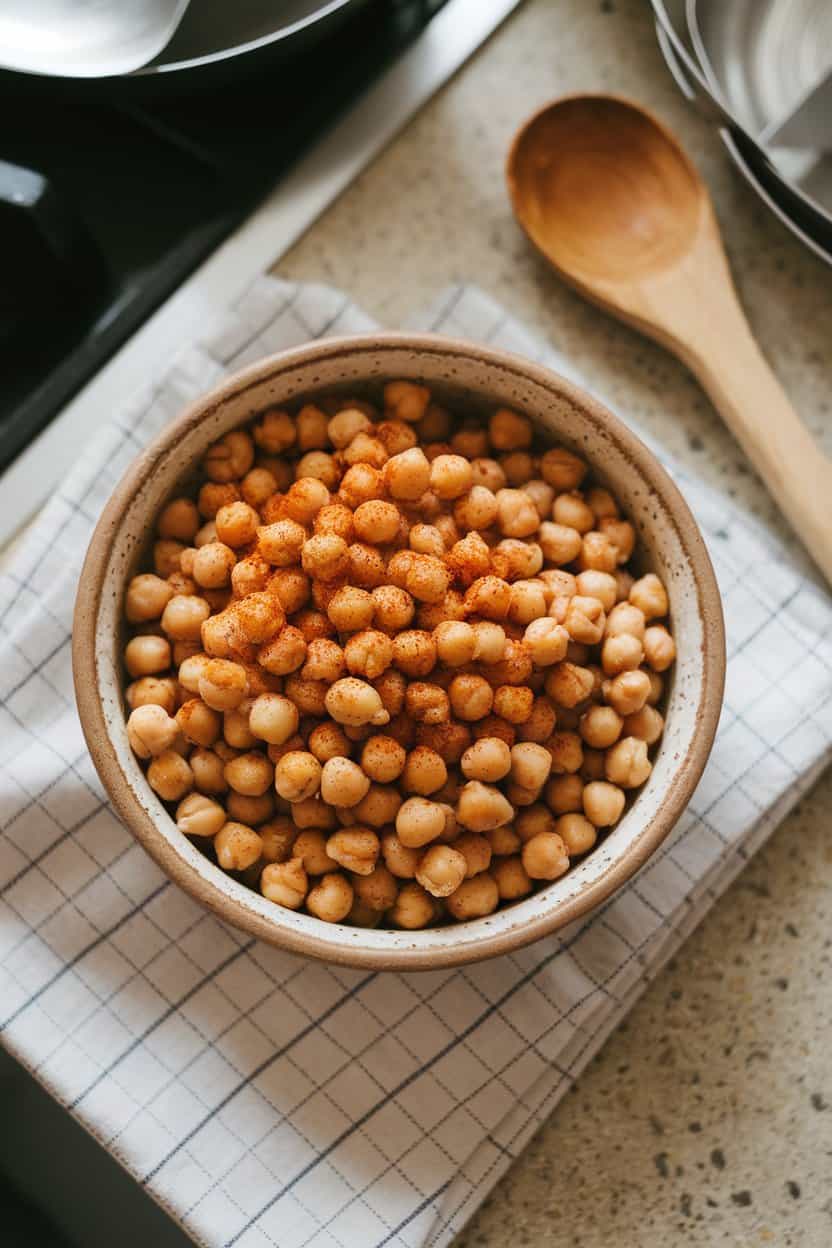 A ceramic bowl on an indoor countertop filled with golden roasted chickpeas sprinkled with smoked paprika. Overhead lighting, no text or logos
