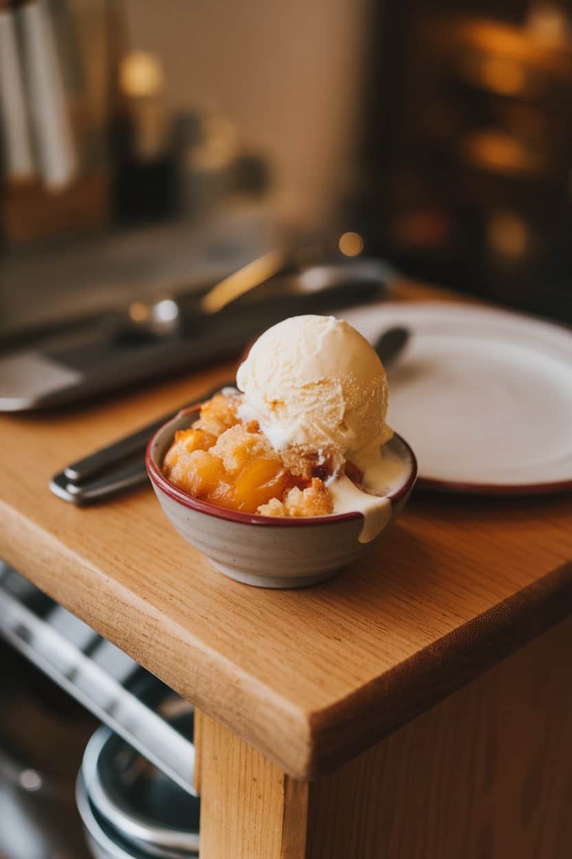 A cozy indoor counter with a scoop of warm peach cobbler in a small bowl, vanilla ice cream melting beside it. No logos visible
