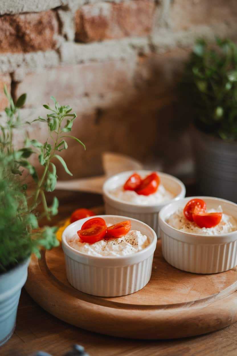 A cozy indoor shot of small ramekins filled with cottage cheese, each topped with halves of bright cherry tomatoes and a crack of pepper. No logos or text visible.