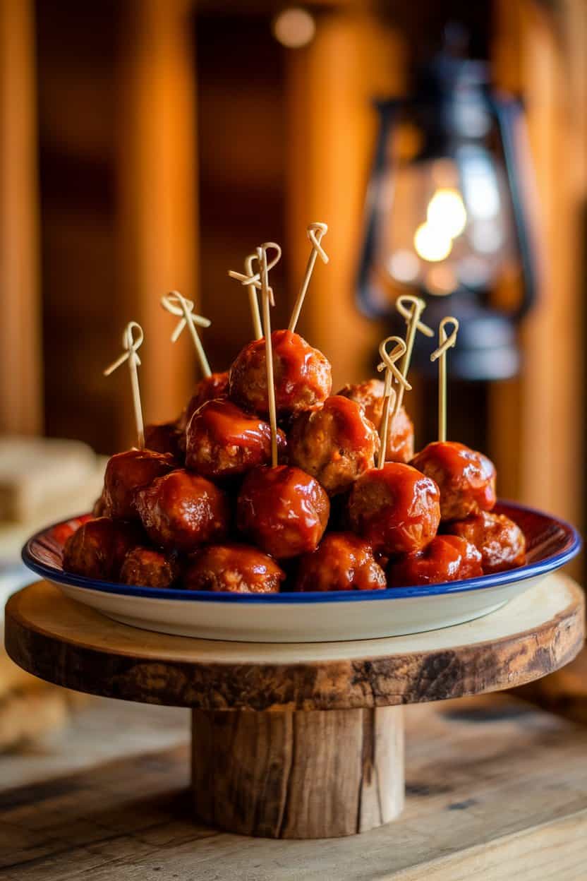 An indoor crockery plate piled with small cooked meatballs glazed in barbecue sauce, each pierced by a cocktail stick. No branding or text
