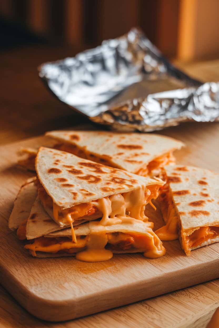 An indoor cutting board displaying cheesy quesadilla wedges oozing filling, a foil square tucked in the background. Warm indoor lighting, no visible text or brand names