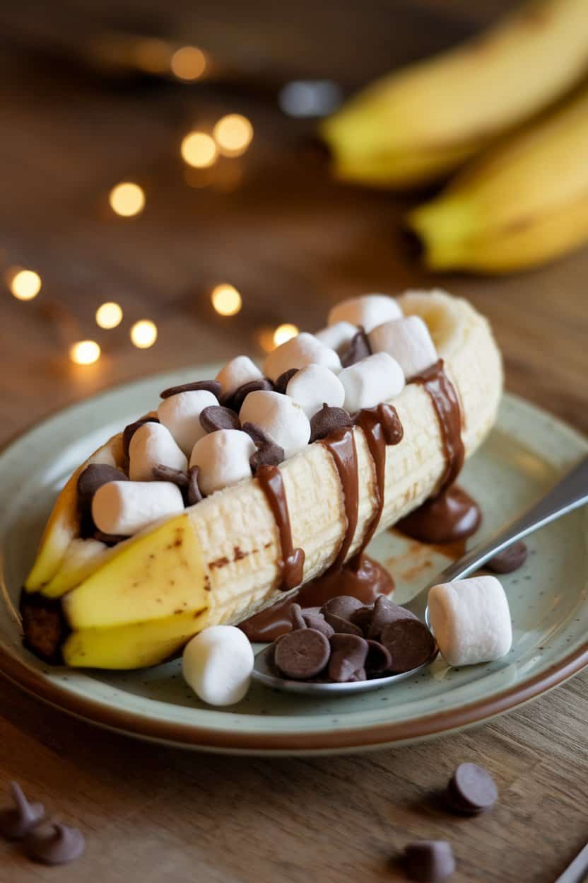 An indoor dessert plate displaying a peeled-back banana filled with melted chocolate chips and gooey mini marshmallows. Warm, cozy lighting; no text or logos