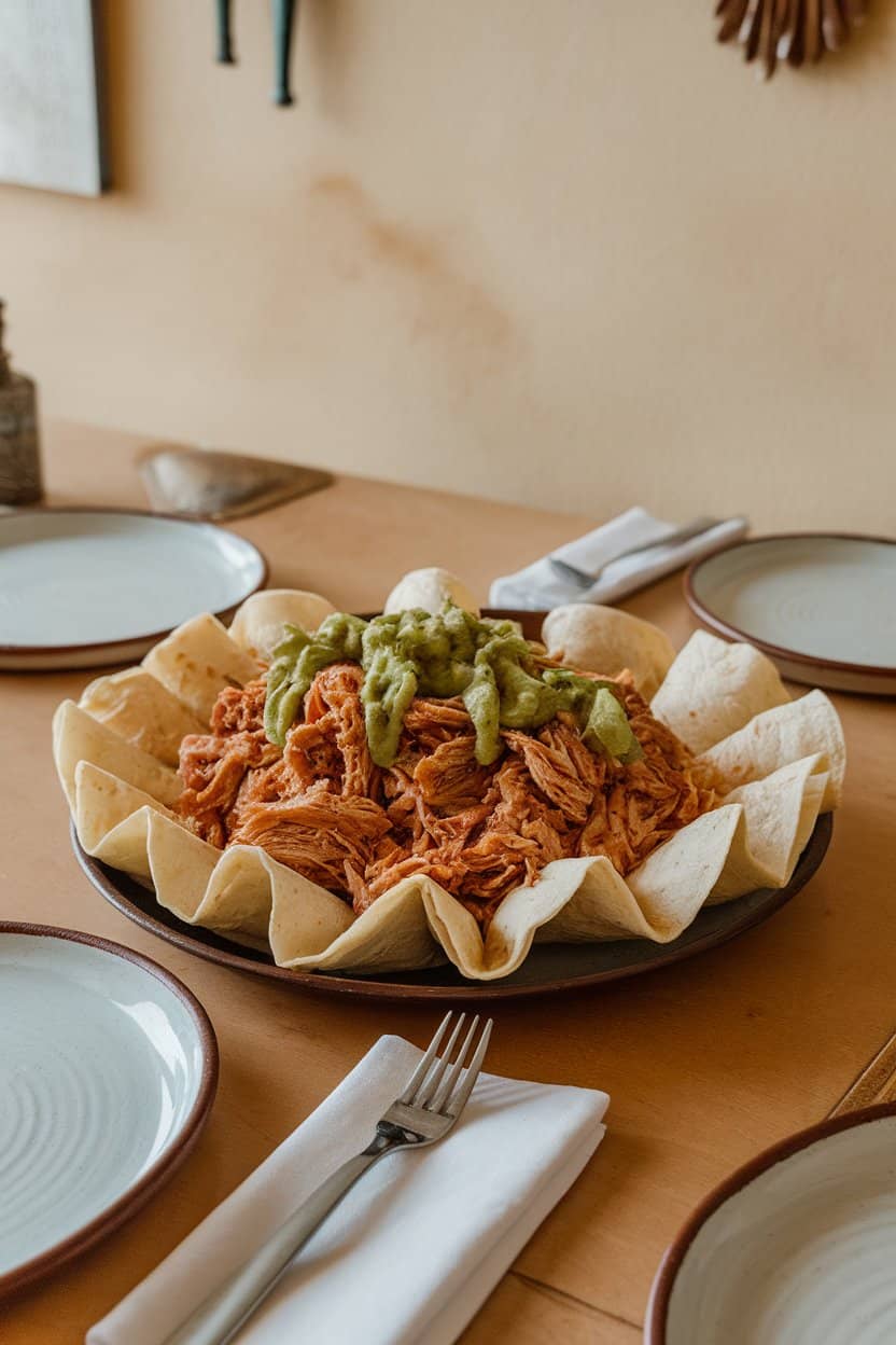 An indoor dining table featuring a platter of shredded pork tucked into soft tortillas, a drizzle of green salsa over the top. No text or logos on plates or napkins.