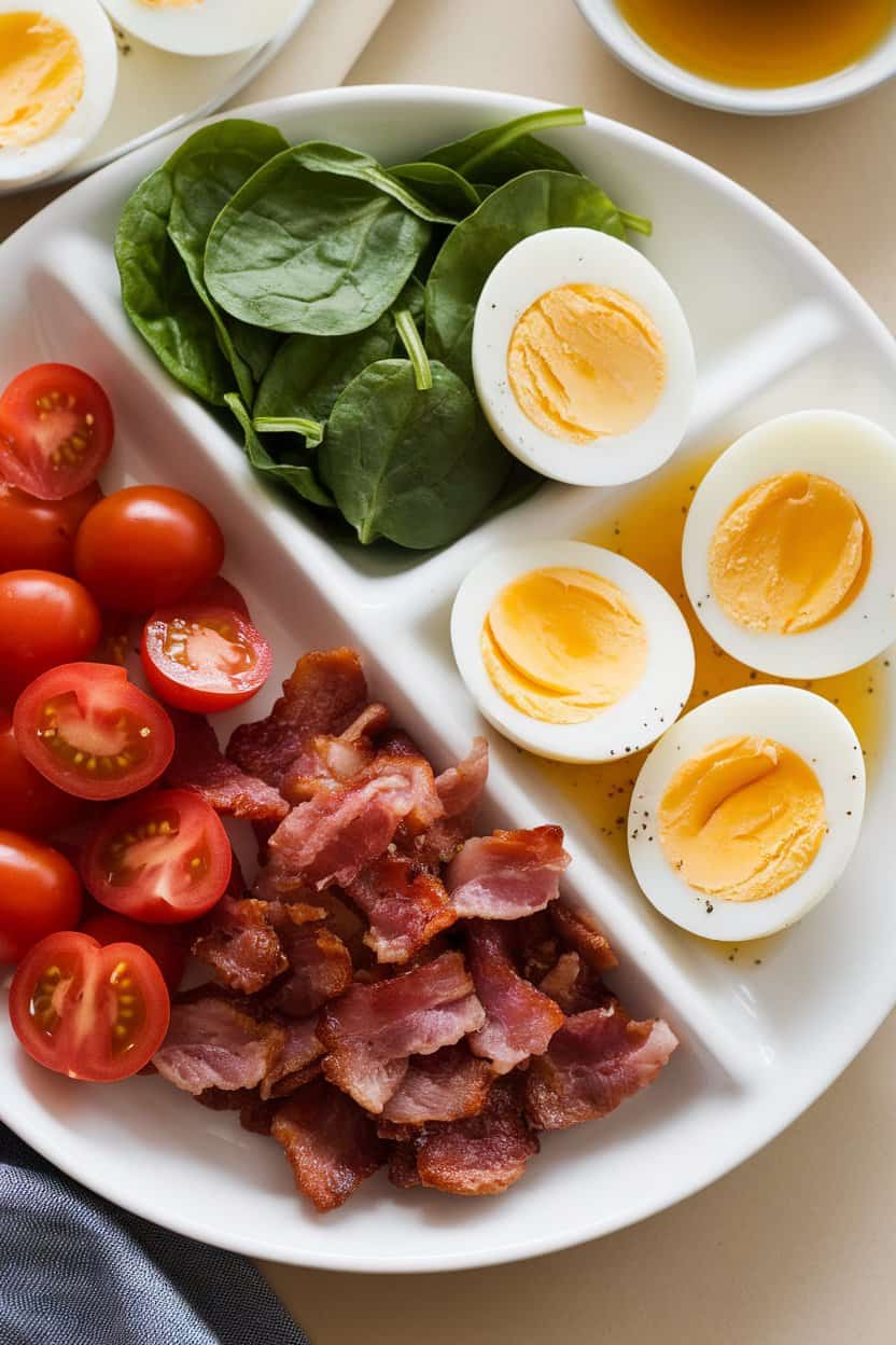 Indoor shot of a divided plate showcasing hard-boiled egg halves, turkey bacon bits, cherry tomatoes, and baby spinach drizzled with vinaigrette. No logos