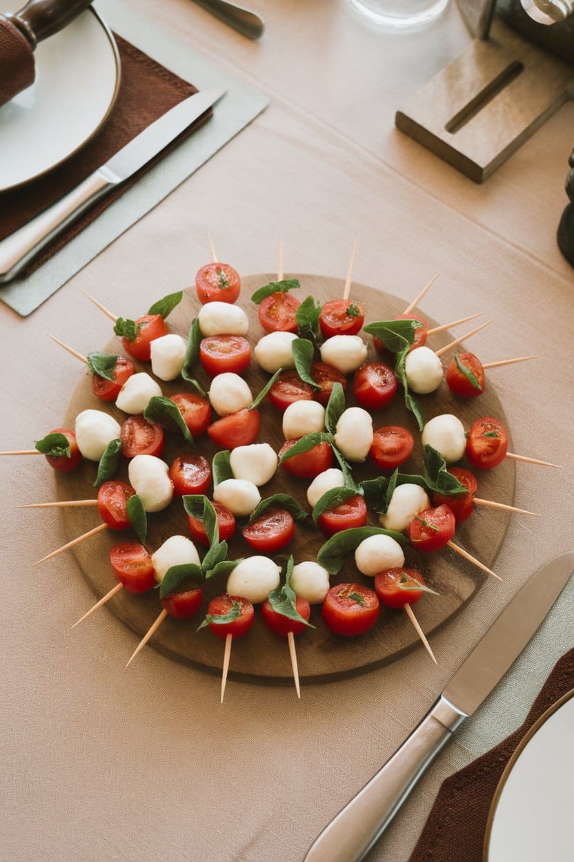  Indoor dining table displaying toothpicks threaded with grape tomato halves, small mozzarella chunks, and torn basil leaves. No text or logos visible.