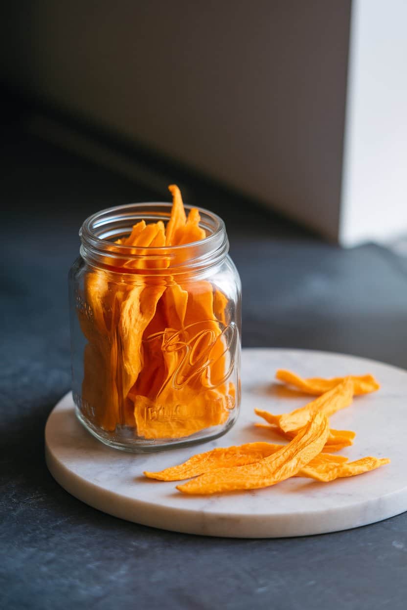 A glass jar on an indoor countertop filled with vibrant orange dehydrated mango strips, a few pieces spread on a marble board beside it. Soft window light, no logos.