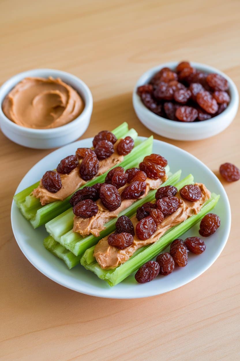 An indoor kids’ snack plate featuring celery sticks filled with peanut butter and dotted with raisins. Bright but soft lighting, no text or logos.