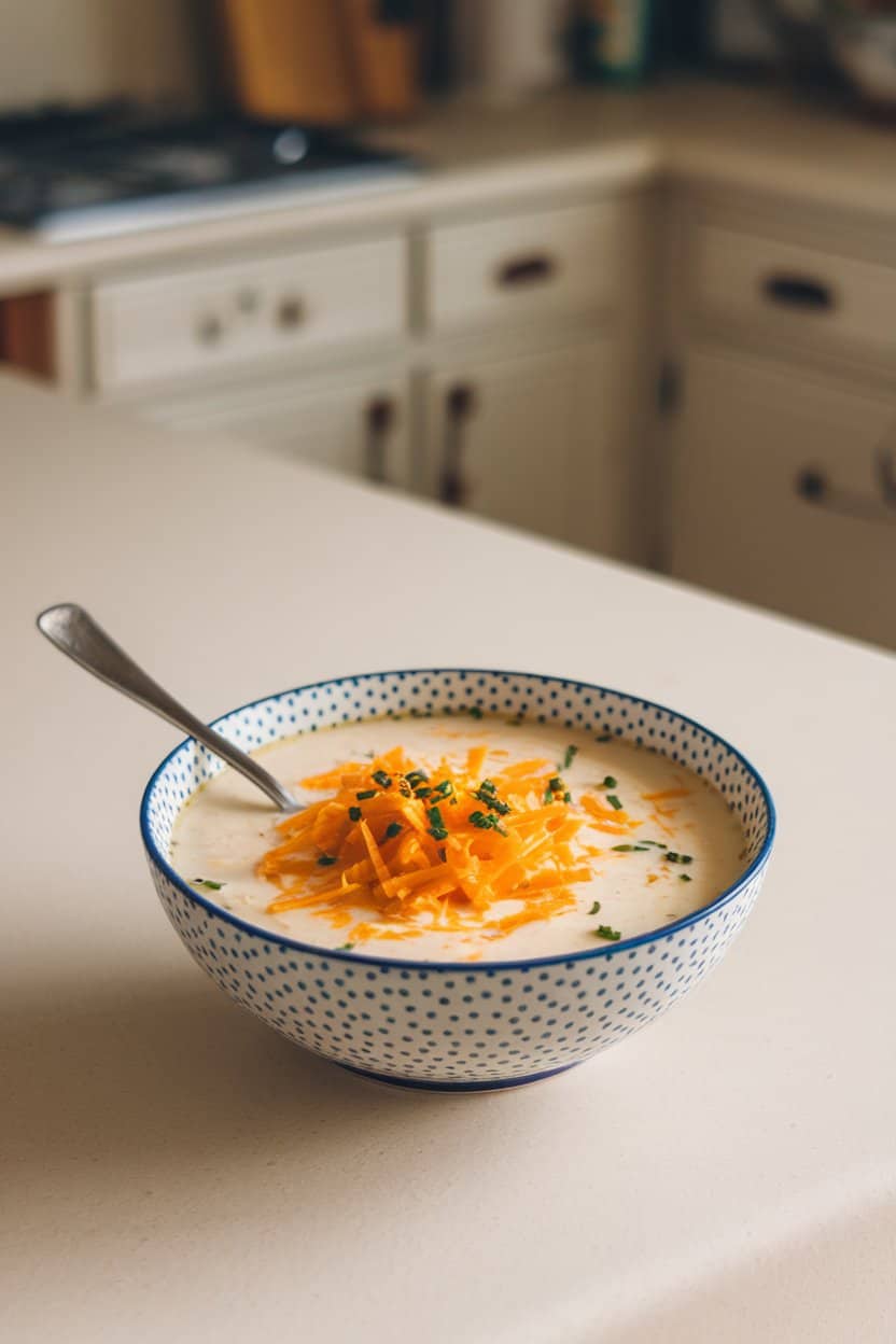 An indoor kitchen counter with a bowl of creamy cauliflower soup topped with shredded cheddar and chives. No visible branding