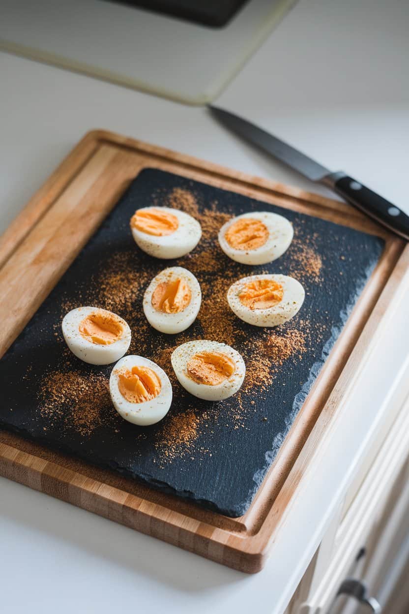 Indoor kitchen counter with halved hard-boiled eggs sprinkled with everything-bagel seasoning, arranged on a small slate board. No text or logos present.