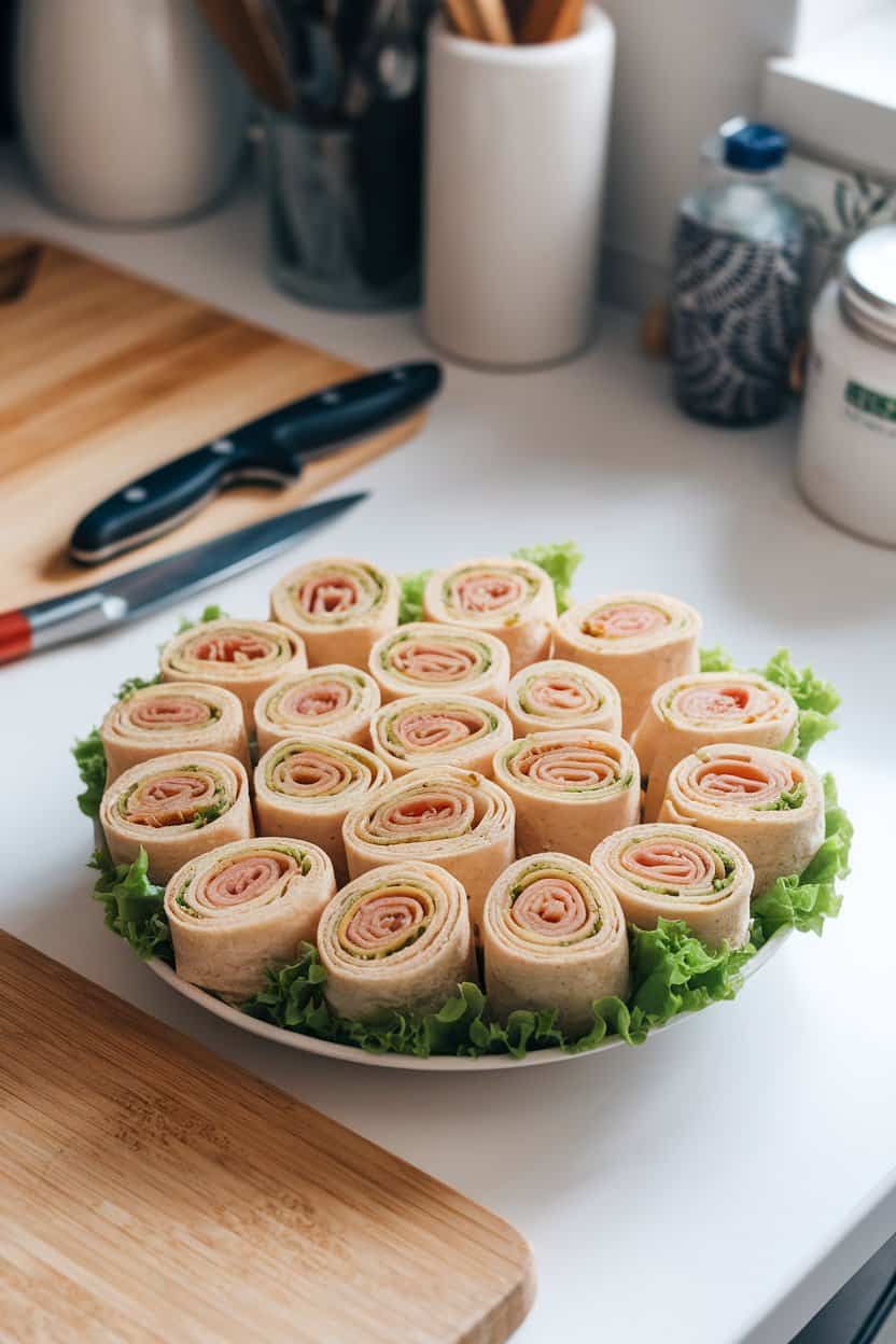 An indoor kitchen counter with flour-tortilla pinwheels filled with deli turkey and lettuce, arranged in a tight circular pattern on a small platter. No logos or text present.
