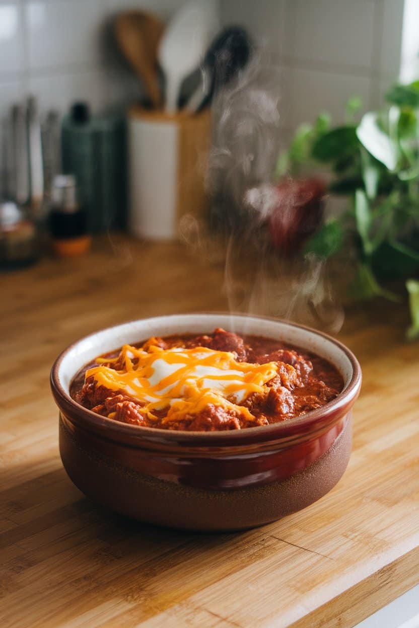 An indoor kitchen island with a ceramic bowl of chunky beef chili, cheddar melted on top. Steam visible; no brand labels anywhere.>